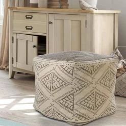 Handmade Beige / Gray Geometric Rustic Farmhouse Pouf by LR Home -Cheap LR Home Store beige gray lr home ottomans poufs99770blk1818 31 1000