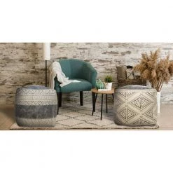 Handmade Beige / Gray Geometric Rustic Farmhouse Pouf by LR Home -Cheap LR Home Store beige gray lr home ottomans poufs99770blk1818 44 1000