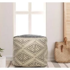 Handmade Beige / Gray Geometric Rustic Farmhouse Pouf by LR Home -Cheap LR Home Store beige gray lr home ottomans poufs99770blk1818 d4 1000