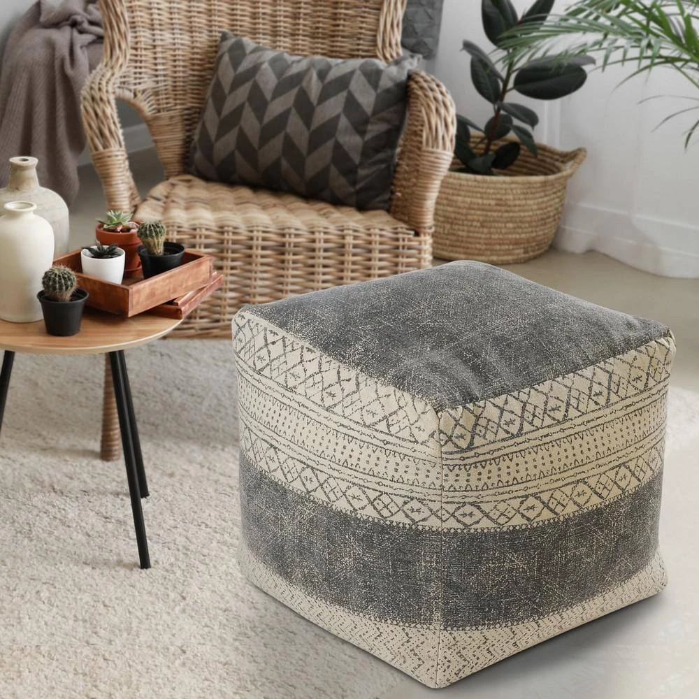 Distressed Beige / Gray Handmade Geometric Motif Pouf by LR Home 11 Distressed Beige / Gray Handmade Geometric Motif Pouf by LR Home - Image 9