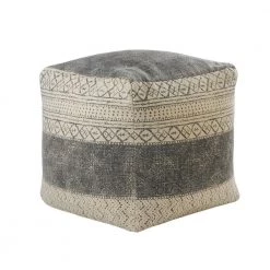 Distressed Beige / Gray Handmade Geometric Motif Pouf by LR Home