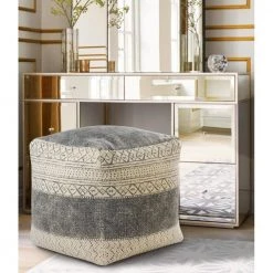 Distressed Beige / Gray Handmade Geometric Motif Pouf by LR Home 18 Distressed Beige / Gray Handmade Geometric Motif Pouf by LR Home -Cheap LR Home Store beige gray lr home ottomans poufs99771blk1818 d4 1000