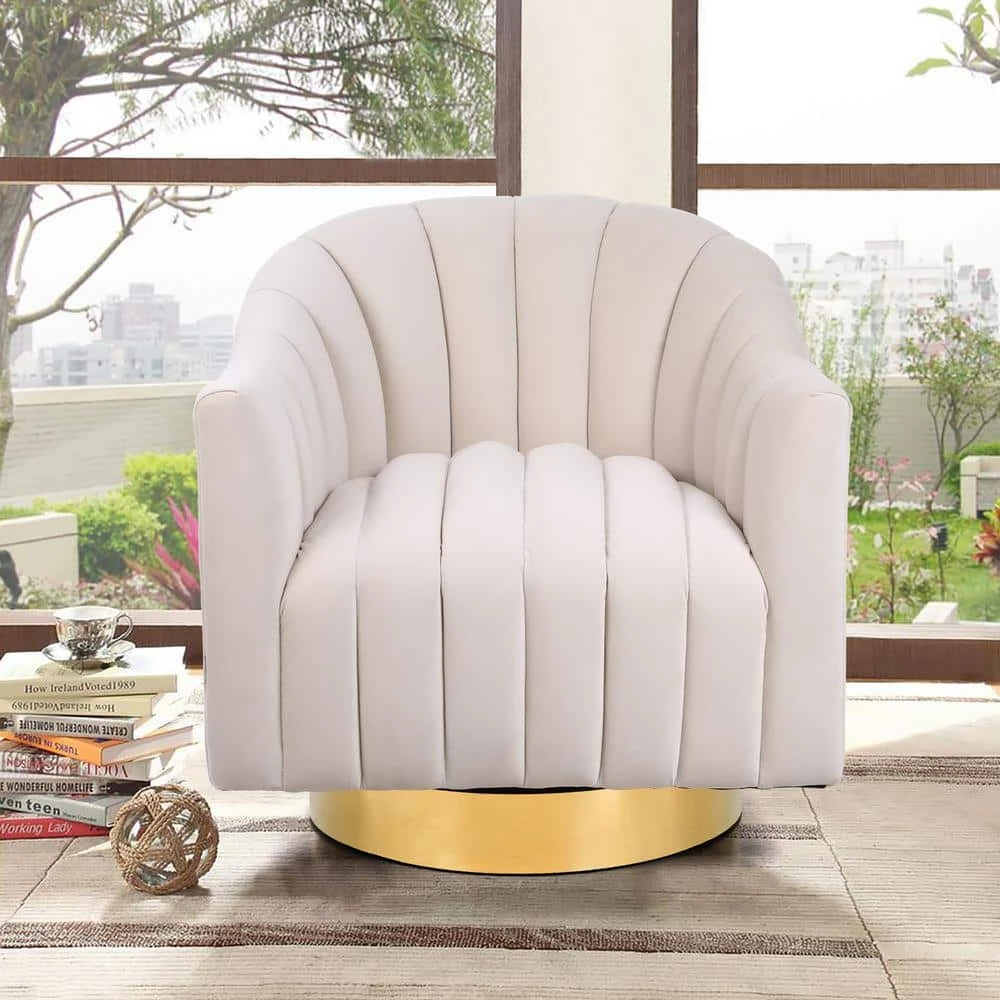 Beige Modern Velvet Upholstered Swivel Barrel Chair with Gold Base by HOMEFUN 9 Beige Modern Velvet Upholstered Swivel Barrel Chair with Gold Base by HOMEFUN - Image 7