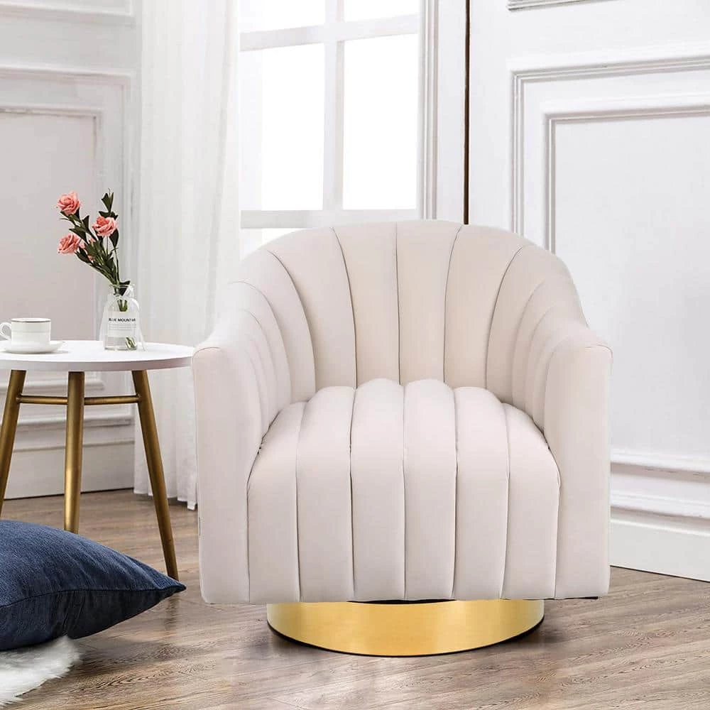 Beige Modern Velvet Upholstered Swivel Barrel Chair with Gold Base by HOMEFUN 11 Beige Modern Velvet Upholstered Swivel Barrel Chair with Gold Base by HOMEFUN - Image 9