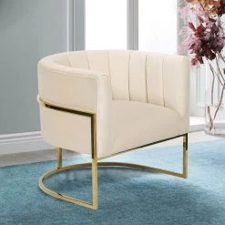 Beige Modern Velvet Upholstered Barrel Chair with U-Shaped Gold Base by HOMEFUN -Cheap LR Home Store beige homefun accent chairs hfhdsn 122bg 44 1000