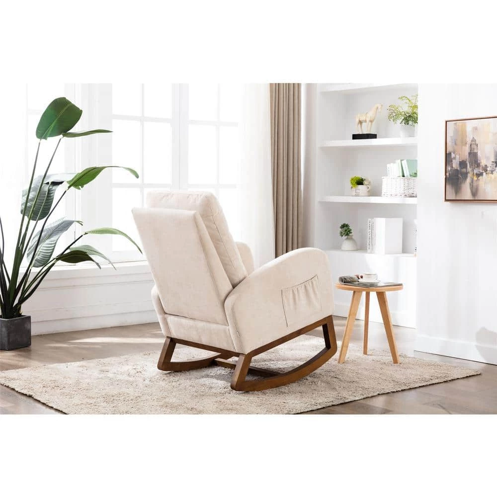 Beige Fabric Rocking Chair with Wooden Base by HOMEFUN 6 Beige Fabric Rocking Chair with Wooden Base by HOMEFUN - Image 5