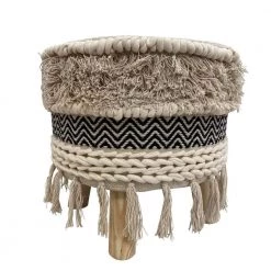 Chevron Black and Ivory Textured Fringed Cushioned Bohemian Stool by LR Home