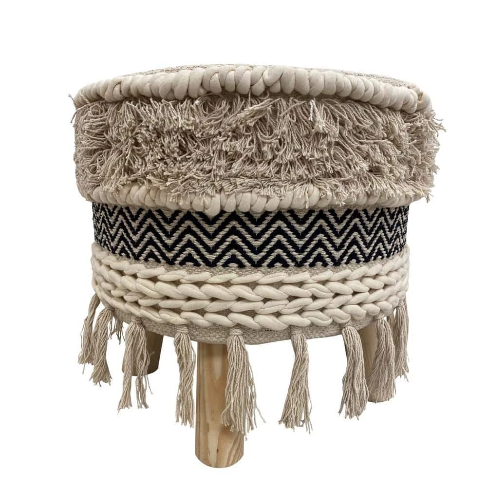 Chevron Black and Ivory Textured Fringed Cushioned Bohemian Stool by LR Home 3 Chevron Black and Ivory Textured Fringed Cushioned Bohemian Stool by LR Home