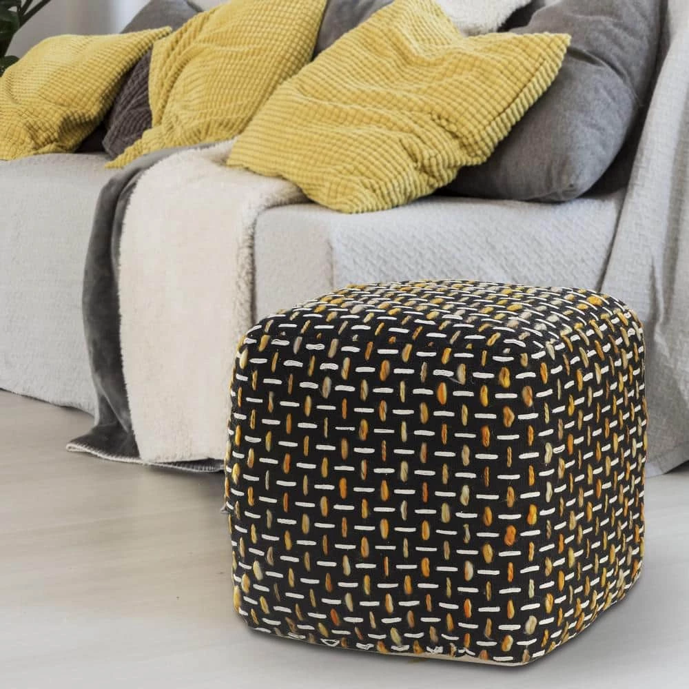 Black/Gold Modern Interwoven Geometric Pouf by LR Home 9 Black/Gold Modern Interwoven Geometric Pouf by LR Home - Image 7
