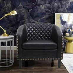 Black Modern PU Leather Upholstered Accent Barrel Chair with Nailheads and Solid Wood Legs by HOMEFUN -Cheap LR Home Store black homefun accent chairs hfhdsn 146bk 31 1000
