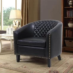 Black Modern PU Leather Upholstered Accent Barrel Chair with Nailheads and Solid Wood Legs by HOMEFUN -Cheap LR Home Store black homefun accent chairs hfhdsn 146bk 44 1000