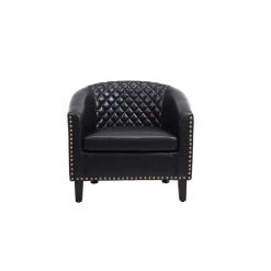 Black Modern PU Leather Upholstered Accent Barrel Chair with Nailheads and Solid Wood Legs by HOMEFUN