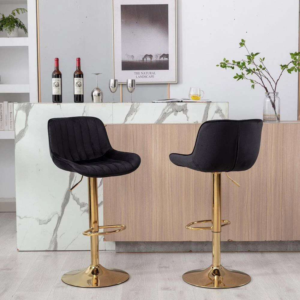 41 in. Black Low Back Metal Frame Adjustable Cushioned Bar Stool with Velvet Seat (Set of 2) by HOMEFUN 5 41 in. Black Low Back Metal Frame Adjustable Cushioned Bar Stool with Velvet Seat (Set of 2) by HOMEFUN - Image 3