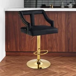 45 in. Swivel Adjustable Height Golden Metal Frame Cushioned Bar Stool with Black Velvet Seat by HOMEFUN -Cheap LR Home Store black homefun bar stools hfhdsn 888bk 31 1000
