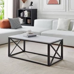 43.3 in. L Black Metal Frame Rectangle MDF Modern Coffee Table with Marble Color Top by HOMEFUN -Cheap LR Home Store black homefun coffee tables hfhdsn 128bk 31 1000