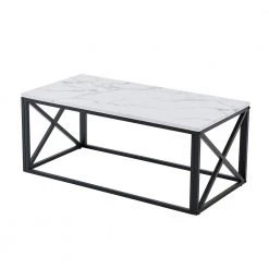 43.3 in. L Black Metal Frame Rectangle MDF Modern Coffee Table with Marble Color Top by HOMEFUN
