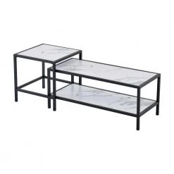 53 in. Modern Square and Rectangle Black Metal Frame Nesting Coffee Table with Wood Marble Color Top by HOMEFUN