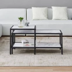 53 in. Modern Square and Rectangle Black Metal Frame Nesting Coffee Table with Wood Marble Color Top by HOMEFUN -Cheap LR Home Store black homefun nesting tables hfhdsn 043bk c3 1000