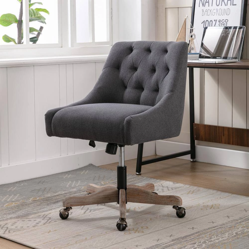 Black Modern Linen Fabric Upholstered Adjustable Swivel Task Chair with Wooden Base by HOMEFUN 12 Black Modern Linen Fabric Upholstered Adjustable Swivel Task Chair with Wooden Base by HOMEFUN - Image 10
