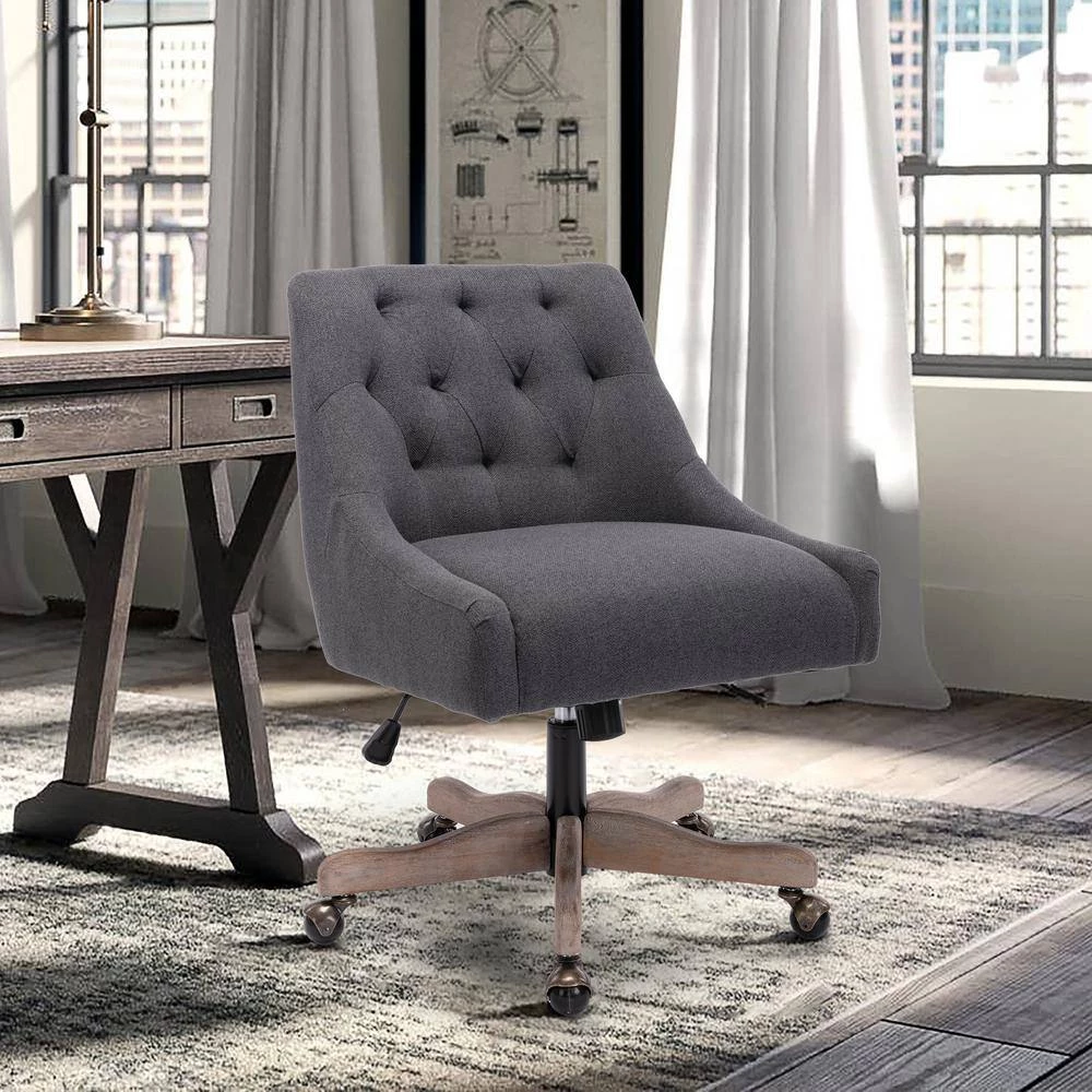 Black Modern Linen Fabric Upholstered Adjustable Swivel Task Chair with Wooden Base by HOMEFUN 8 Black Modern Linen Fabric Upholstered Adjustable Swivel Task Chair with Wooden Base by HOMEFUN - Image 6