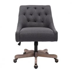 Black Modern Linen Fabric Upholstered Adjustable Swivel Task Chair with Wooden Base by HOMEFUN