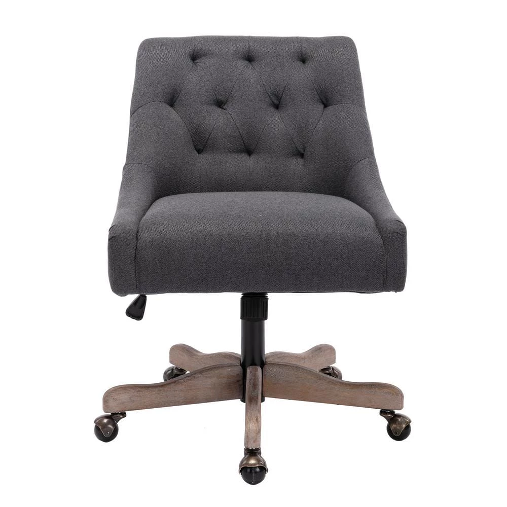 Black Modern Linen Fabric Upholstered Adjustable Swivel Task Chair with Wooden Base by HOMEFUN 3 Black Modern Linen Fabric Upholstered Adjustable Swivel Task Chair with Wooden Base by HOMEFUN