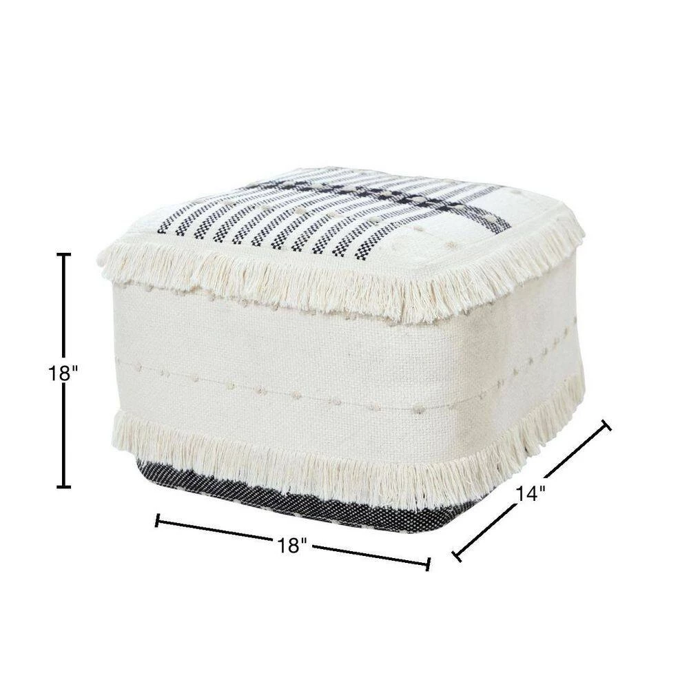 Farmhouse Black / Ivory Chic Shag Stripe Fringed Pouf Ottoman by LR Home 4 Farmhouse Black / Ivory Chic Shag Stripe Fringed Pouf Ottoman by LR Home - Image 2