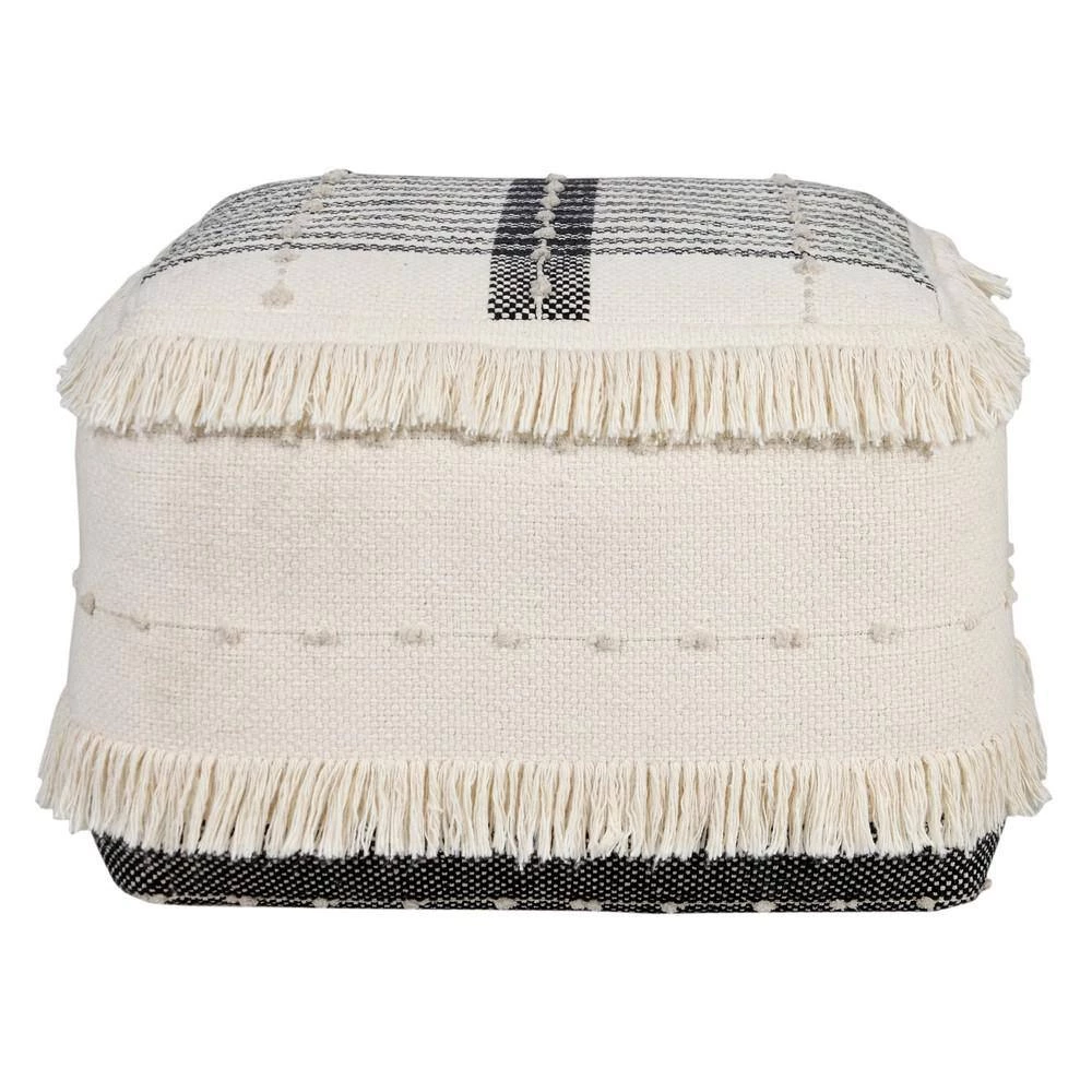 Farmhouse Black / Ivory Chic Shag Stripe Fringed Pouf Ottoman by LR Home 7 Farmhouse Black / Ivory Chic Shag Stripe Fringed Pouf Ottoman by LR Home - Image 5