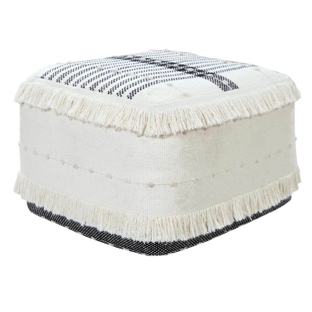 Farmhouse Black / Ivory Chic Shag Stripe Fringed Pouf Ottoman by LR Home 3 Farmhouse Black / Ivory Chic Shag Stripe Fringed Pouf Ottoman by LR Home