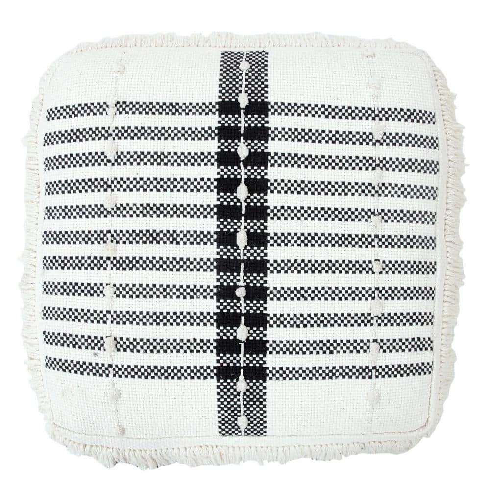 Farmhouse Black / Ivory Chic Shag Stripe Fringed Pouf Ottoman by LR Home 6 Farmhouse Black / Ivory Chic Shag Stripe Fringed Pouf Ottoman by LR Home - Image 4