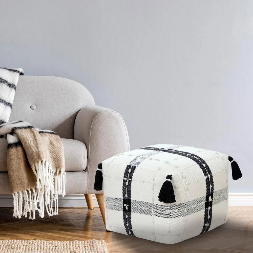 Modern Black / Ivory Textured Plaid Pouf Ottoman by LR Home 11 Modern Black / Ivory Textured Plaid Pouf Ottoman by LR Home - Image 9