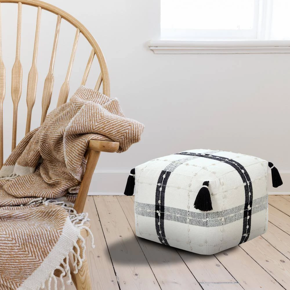 Modern Black / Ivory Textured Plaid Pouf Ottoman by LR Home 4 Modern Black / Ivory Textured Plaid Pouf Ottoman by LR Home - Image 2