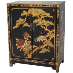 Black Lacquer Cranes Design Cabinet by Oriental Furniture