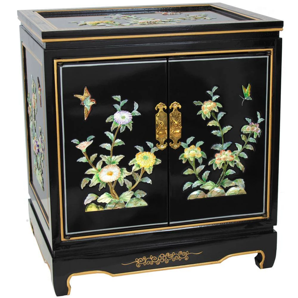 Birds and Flowers Black End Table by Oriental Furniture 3 Birds and Flowers Black End Table by Oriental Furniture - Image 2