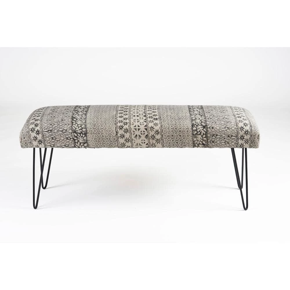 Block Print Black / White Upholstered Indoor Bench by LR Home 3 Block Print Black / White Upholstered Indoor Bench by LR Home