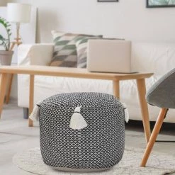 Handcrafted Black / White Modern Geometric Pouf with Tassels by LR Home -Cheap LR Home Store black white lr home ottomans poufs34032blk1612 31 1000