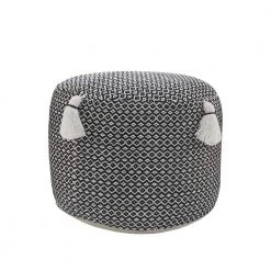 Handcrafted Black / White Modern Geometric Pouf with Tassels by LR Home