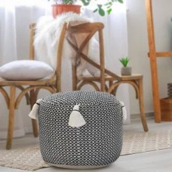 Handcrafted Black / White Modern Geometric Pouf with Tassels by LR Home -Cheap LR Home Store black white lr home ottomans poufs34032blk1612 d4 1000