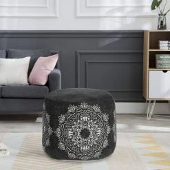 Boho Black / White 18 in. x 18 in. x 14 in. Chic Mandala Medallion Pouf Ottoman by LR Home -Cheap LR Home Store black white lr home ottomans poufs34047blk1612 31 1000