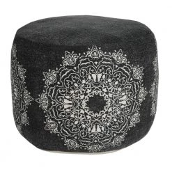 Boho Black / White 18 in. x 18 in. x 14 in. Chic Mandala Medallion Pouf Ottoman by LR Home
