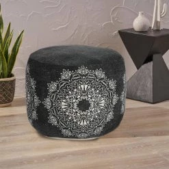 Boho Black / White 18 in. x 18 in. x 14 in. Chic Mandala Medallion Pouf Ottoman by LR Home -Cheap LR Home Store black white lr home ottomans poufs34047blk1612 d4 1000