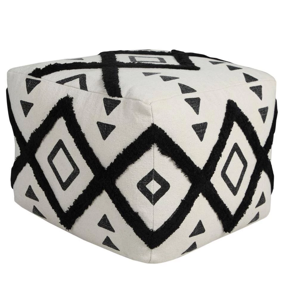 Textured Black / White 18 in. x 18 in. x 14 in. Double Diamond Pouf Ottoman by LR Home 6 Textured Black / White 18 in. x 18 in. x 14 in. Double Diamond Pouf Ottoman by LR Home - Image 4