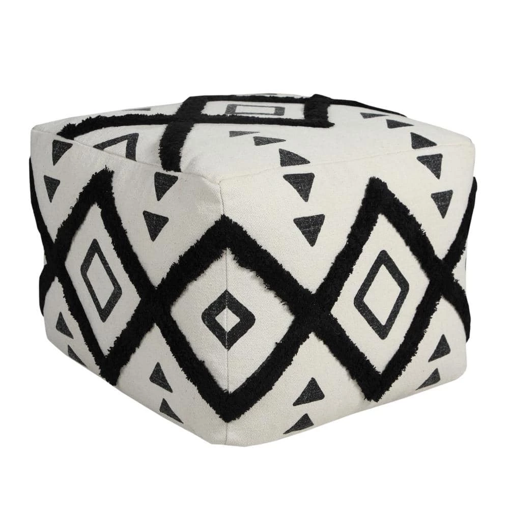 Textured Black / White 18 in. x 18 in. x 14 in. Double Diamond Pouf Ottoman by LR Home 3 Textured Black / White 18 in. x 18 in. x 14 in. Double Diamond Pouf Ottoman by LR Home