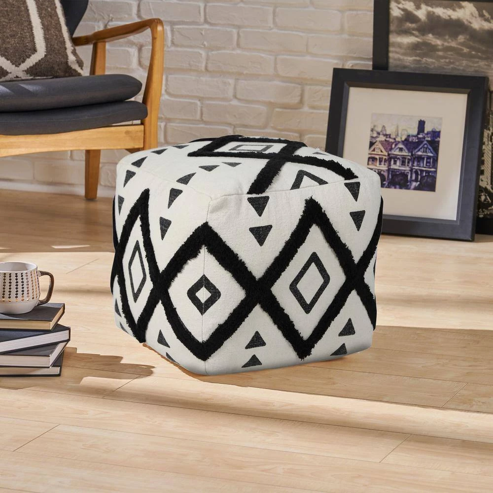 Textured Black / White 18 in. x 18 in. x 14 in. Double Diamond Pouf Ottoman by LR Home 10 Textured Black / White 18 in. x 18 in. x 14 in. Double Diamond Pouf Ottoman by LR Home - Image 8