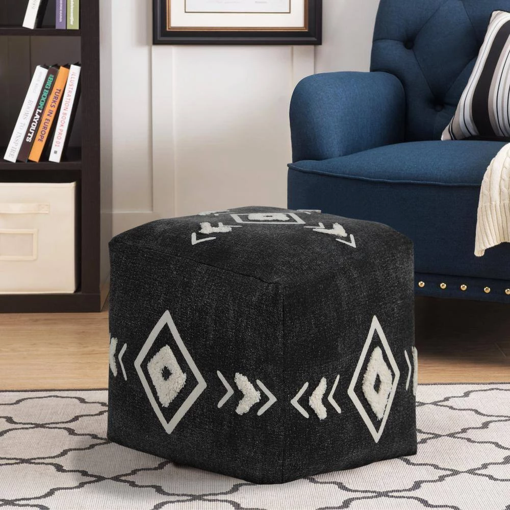 Textured Black / White 18 in. x 18 in. x 14 in. Diamond Medallion Pouf Ottoman by LR Home 12 Textured Black / White 18 in. x 18 in. x 14 in. Diamond Medallion Pouf Ottoman by LR Home - Image 10