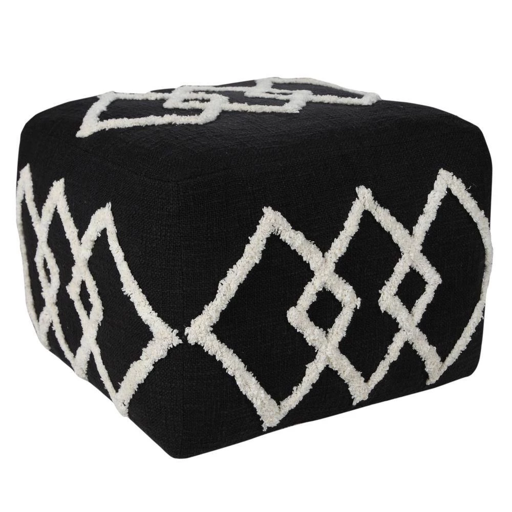 Textured Black / White 18 in. x 18 in. x 14 in. Overlapping Diamonds Pouf Ottoman by LR Home 8 Textured Black / White 18 in. x 18 in. x 14 in. Overlapping Diamonds Pouf Ottoman by LR Home - Image 6