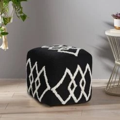 Textured Black / White 18 in. x 18 in. x 14 in. Overlapping Diamonds Pouf Ottoman by LR Home 21 Textured Black / White 18 in. x 18 in. x 14 in. Overlapping Diamonds Pouf Ottoman by LR Home -Cheap LR Home Store black white lr home ottomans poufs34066blk1612 31 1000