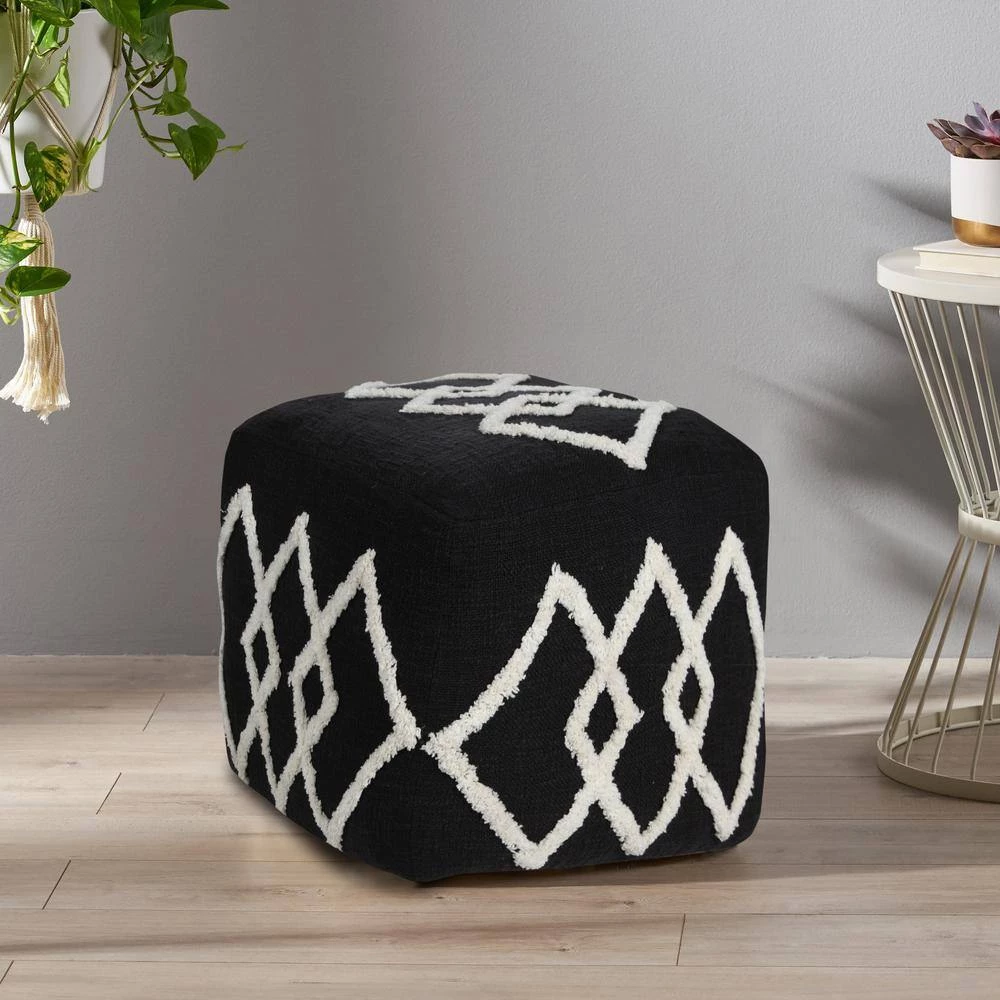 Textured Black / White 18 in. x 18 in. x 14 in. Overlapping Diamonds Pouf Ottoman by LR Home 12 Textured Black / White 18 in. x 18 in. x 14 in. Overlapping Diamonds Pouf Ottoman by LR Home - Image 10