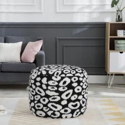Modern Black / White 18 in. x 18 in. x 14 in. Animal Leopard Print Pouf Ottoman by LR Home -Cheap LR Home Store black white lr home ottomans poufs34067blk1612 d4 1000