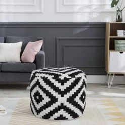 Modern Black / White 18 in. x 18 in. x 14 in. Geometric Medallion Pouf Ottoman by LR Home 16 Modern Black / White 18 in. x 18 in. x 14 in. Geometric Medallion Pouf Ottoman by LR Home -Cheap LR Home Store black white lr home ottomans poufs34068blk1612 d4 1000